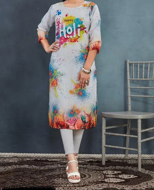 Holi Special Women Solid Cotton Blend Printed Straight Kurta