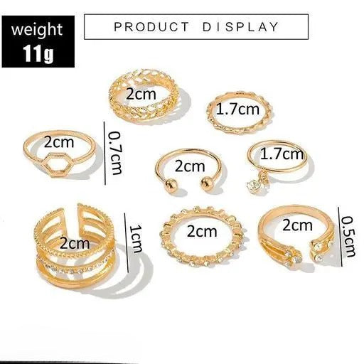 Gold Plated 8 Piece White Crystal Drop Heart Multi Designs Ring Set For Women & Girls